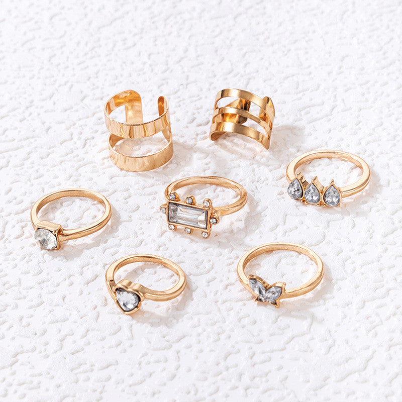 Gold Plated Stone Studded Contemporary Stackable Rings Set of 8