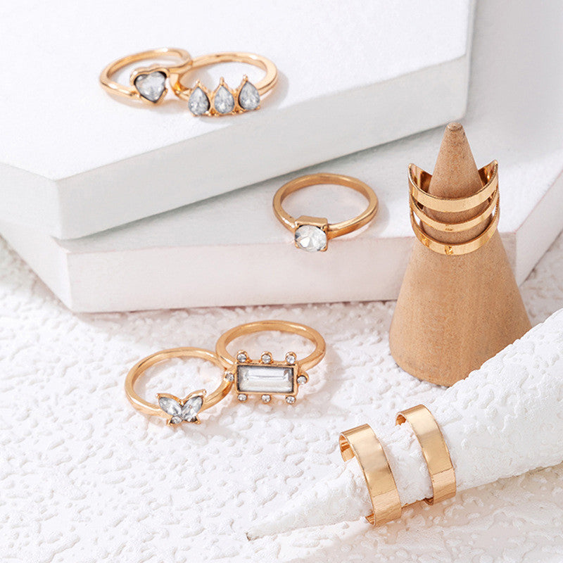 Gold Plated Stone Studded Contemporary Stackable Rings Set of 8