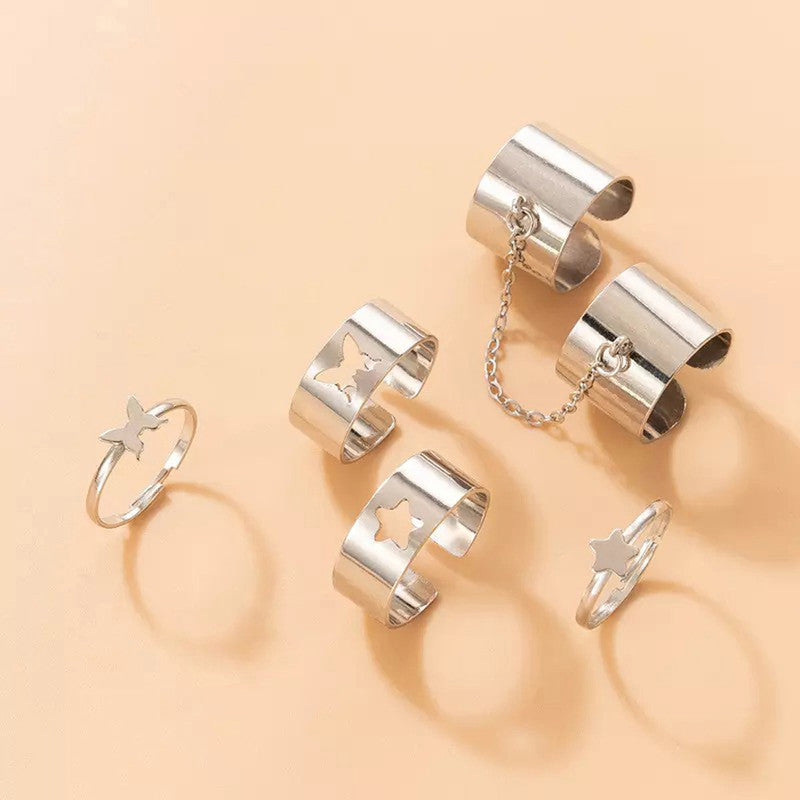 Set of 6 Silver-Plated Adjustable Finger Ring For Women