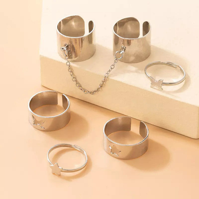 Set of 6 Silver-Plated Adjustable Finger Ring For Women