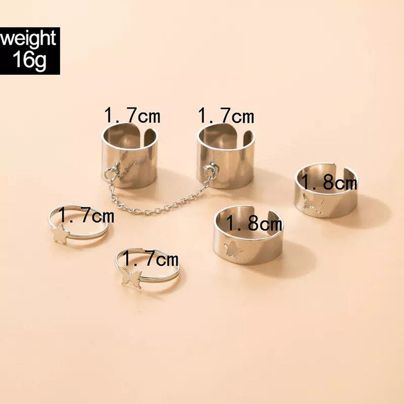 Set of 6 Silver-Plated Adjustable Finger Ring For Women