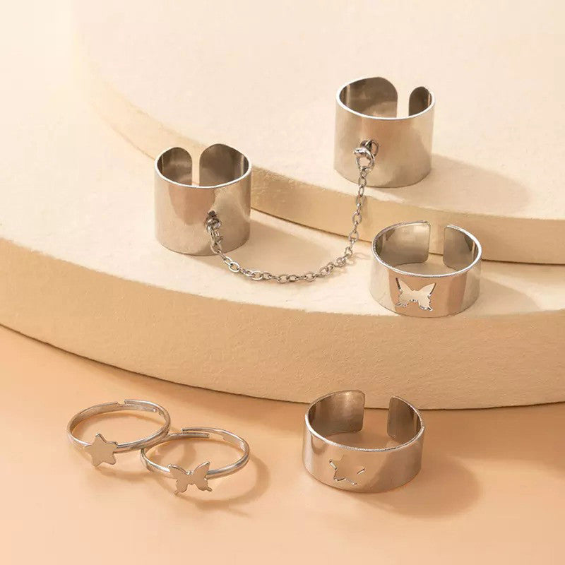 Set of 6 Silver-Plated Adjustable Finger Ring For Women