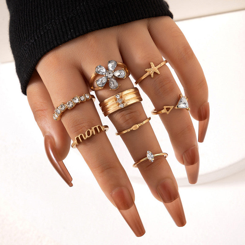 Women Set of 8 Gold Plated Adjustable Mom Floral Finger Ring