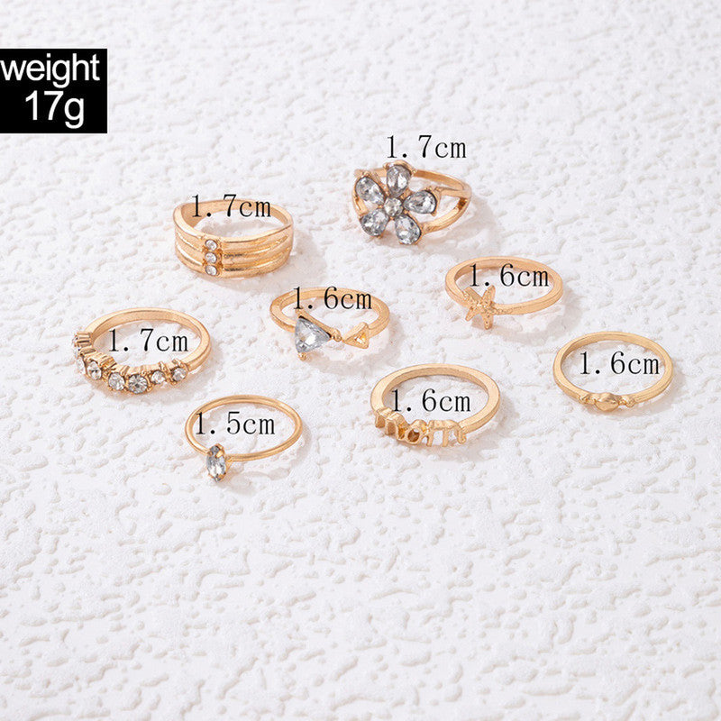 Women Set of 8 Gold Plated Adjustable Mom Floral Finger Ring