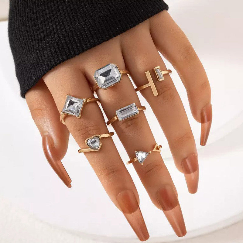 Gold Plated Stone Studded Contemporary Stackable Rings Set of 6