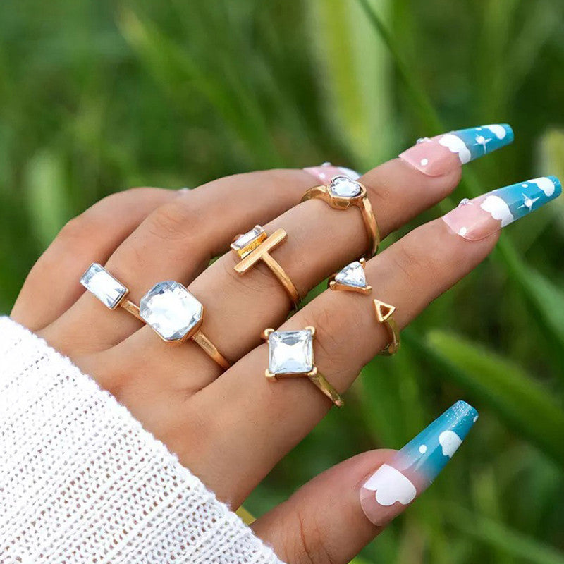 Gold Plated Stone Studded Contemporary Stackable Rings Set of 6