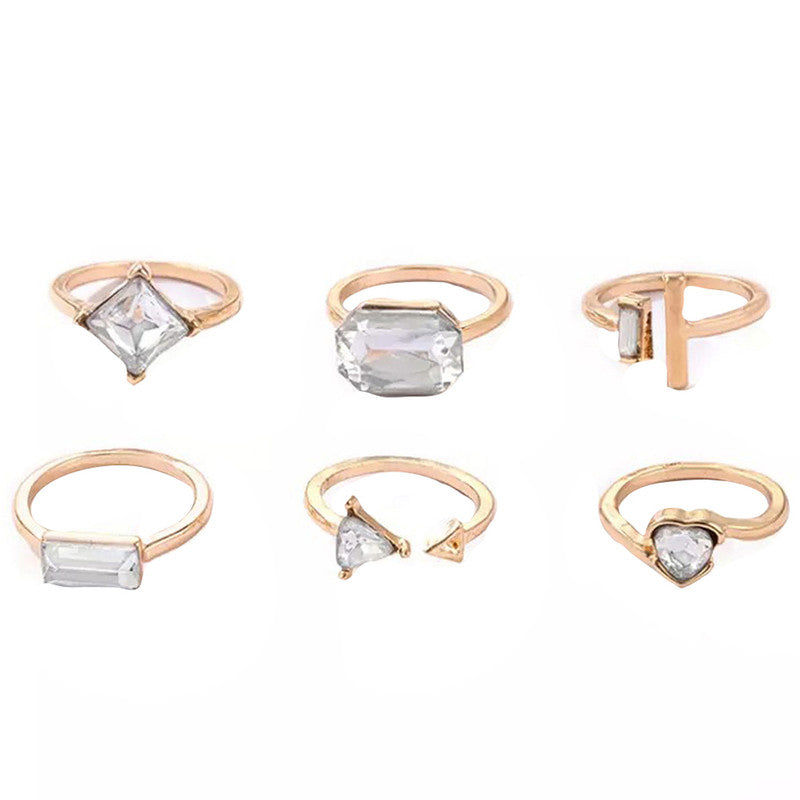 Gold Plated Stone Studded Contemporary Stackable Rings Set of 6