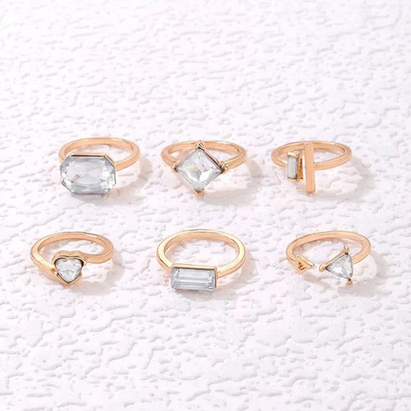 Gold Plated Stone Studded Contemporary Stackable Rings Set of 6