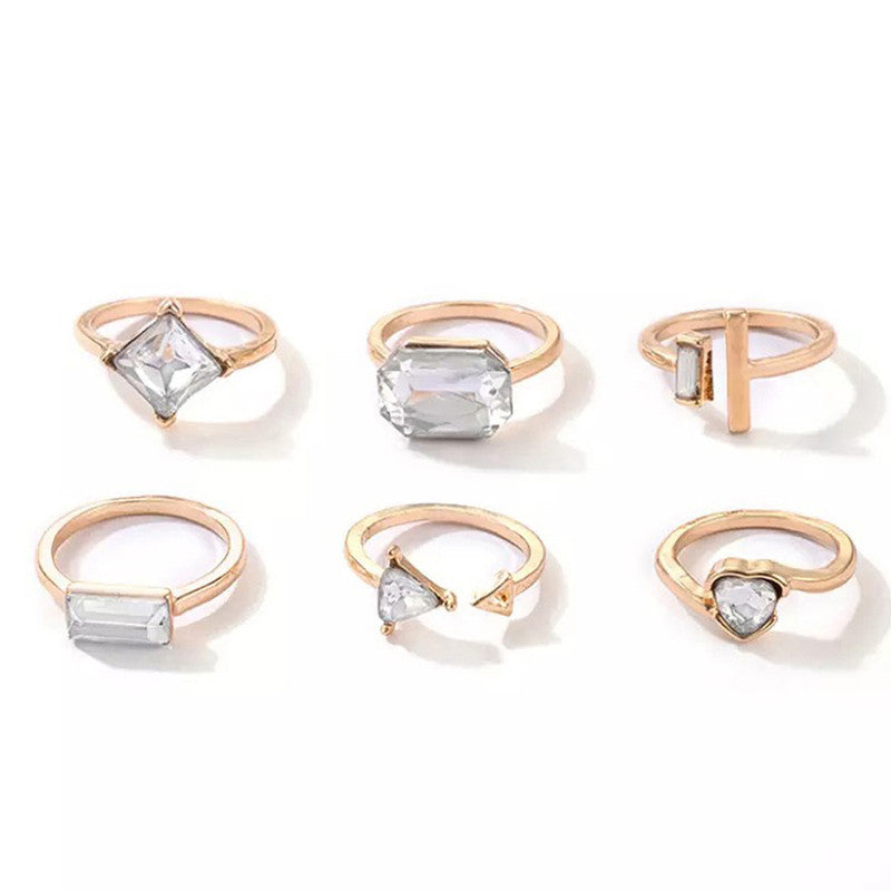 Gold Plated Stone Studded Contemporary Stackable Rings Set of 6