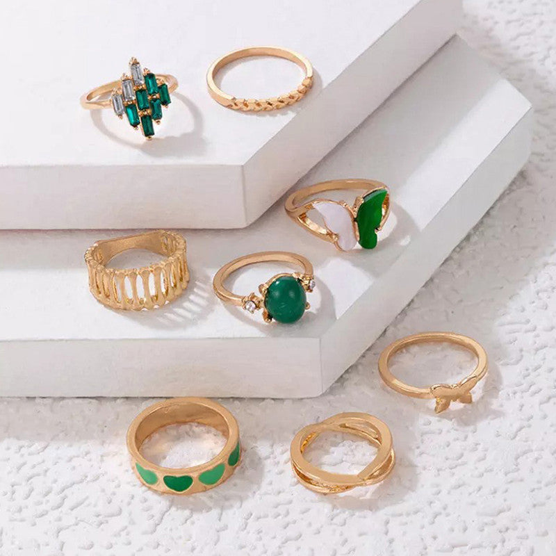 Gold Plated Green Butterfly Inspired Stackable Rings Set of 8