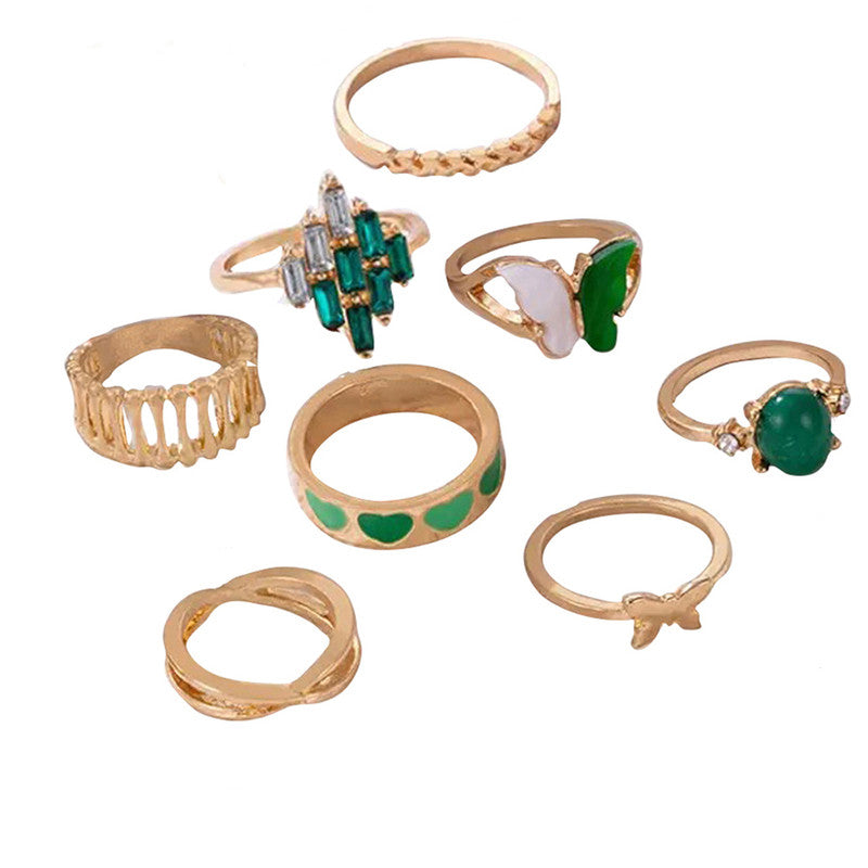 Gold Plated Green Butterfly Inspired Stackable Rings Set of 8