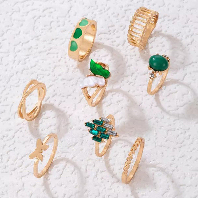 Gold Plated Green Butterfly Inspired Stackable Rings Set of 8