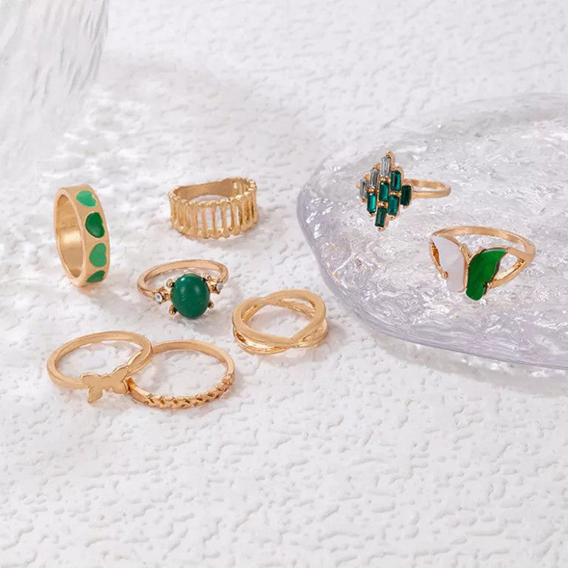 Gold Plated Green Butterfly Inspired Stackable Rings Set of 8