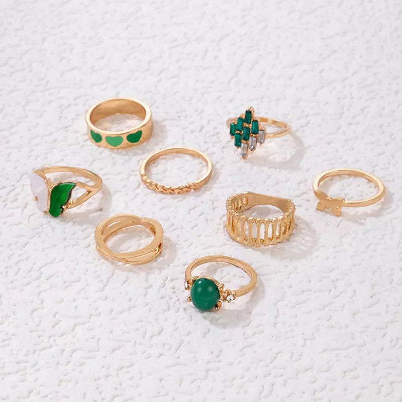 Gold Plated Green Butterfly Inspired Stackable Rings Set of 8