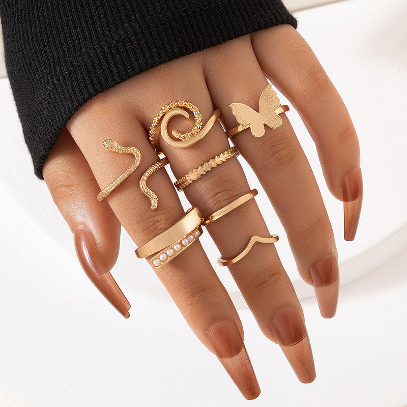 Gold Plated Gold-Toned Butterfly-Snake Inspired Stackable Rings Set of 7