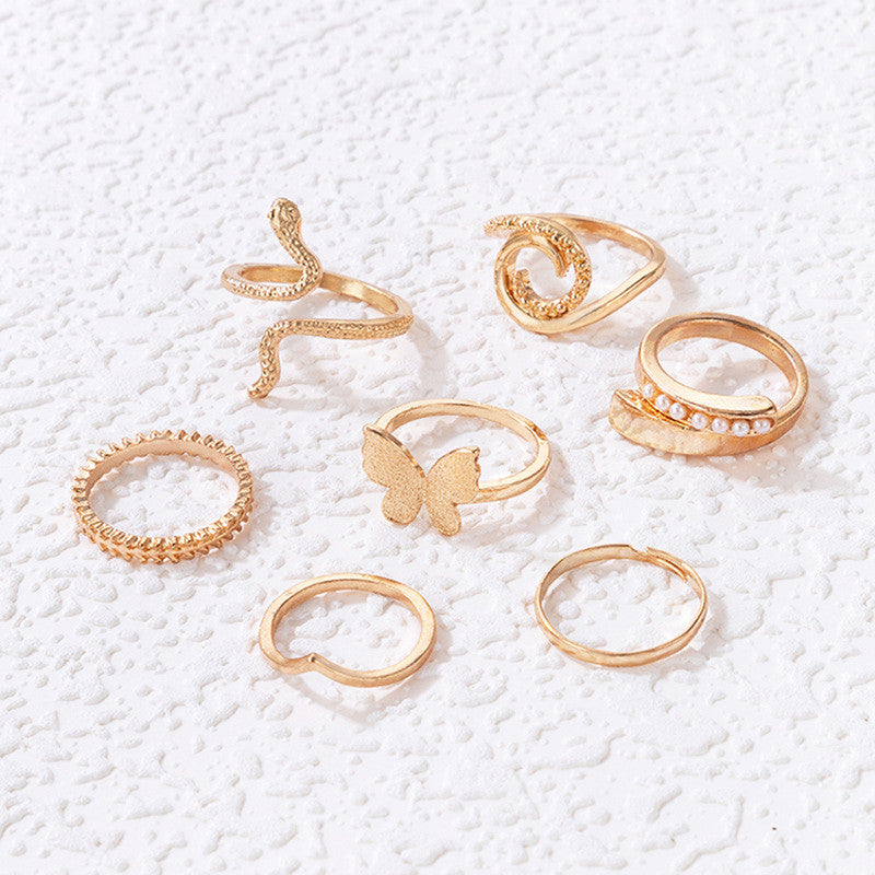 Gold Plated Gold-Toned Butterfly-Snake Inspired Stackable Rings Set of 7