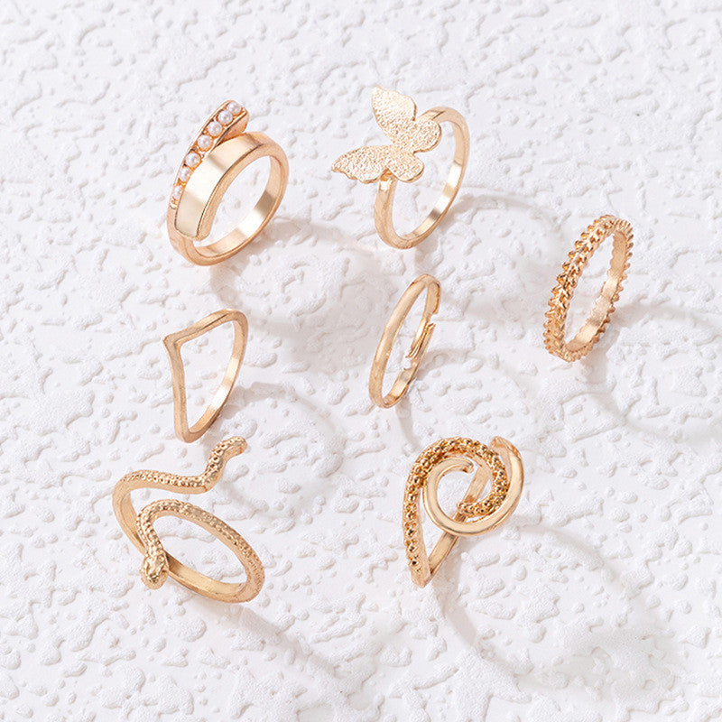 Gold Plated Gold-Toned Butterfly-Snake Inspired Stackable Rings Set of 7