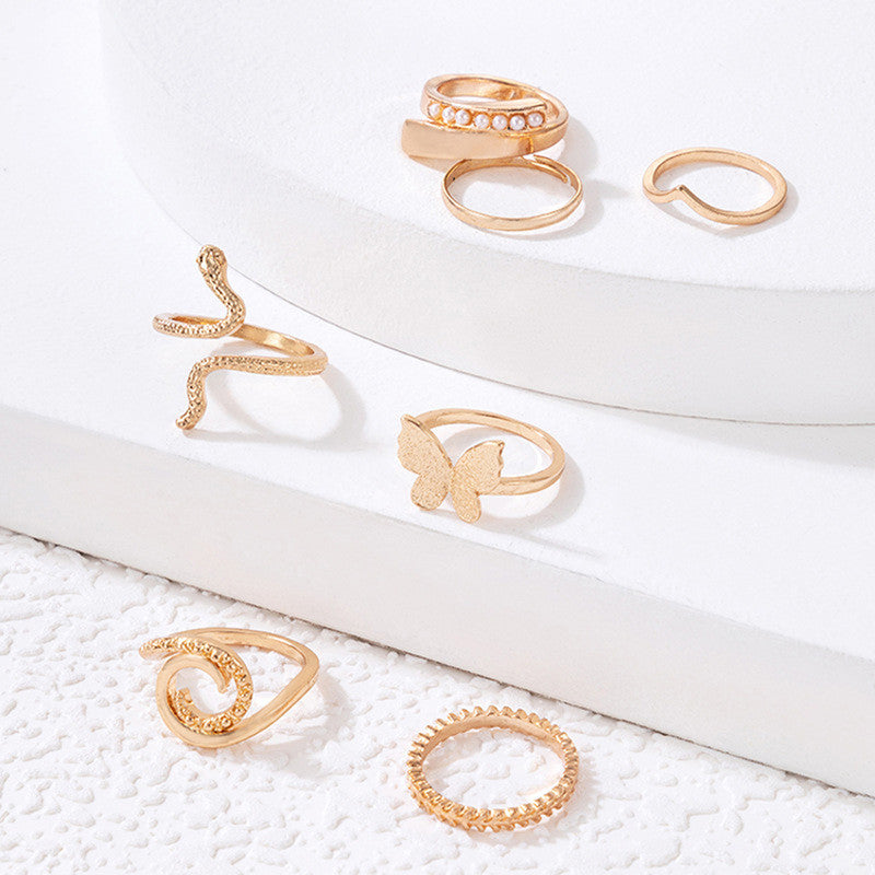 Gold Plated Gold-Toned Butterfly-Snake Inspired Stackable Rings Set of 7