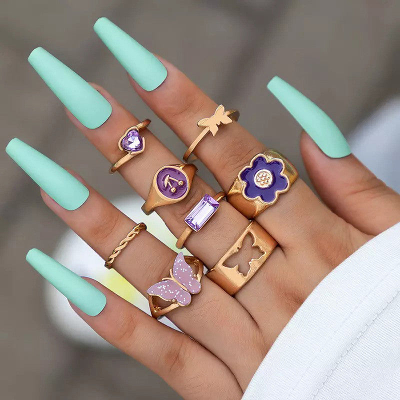 Women Set of 8 Gold Plated Purple Butterfly-Floral Finger Ring