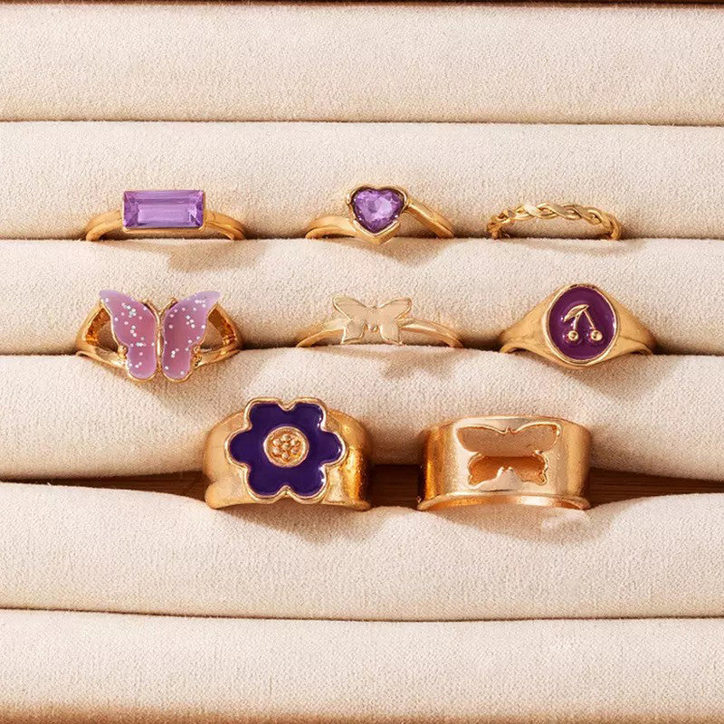 Set of 8 Gold Plated Purple Butterfly-Floral Finger Ring For Women