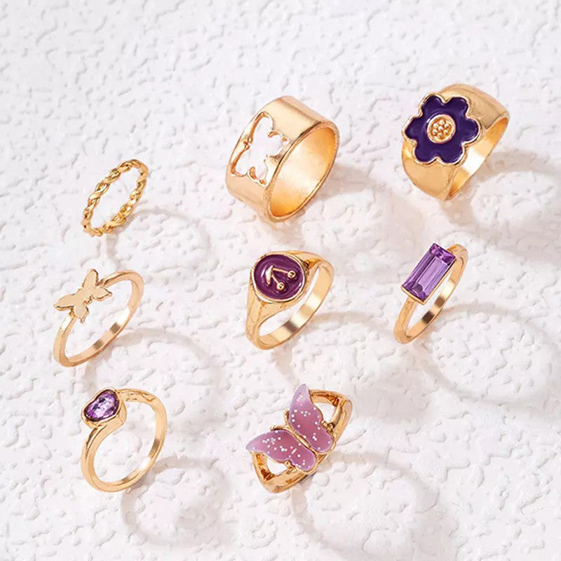 Set of 8 Gold Plated Purple Butterfly-Floral Finger Ring For Women