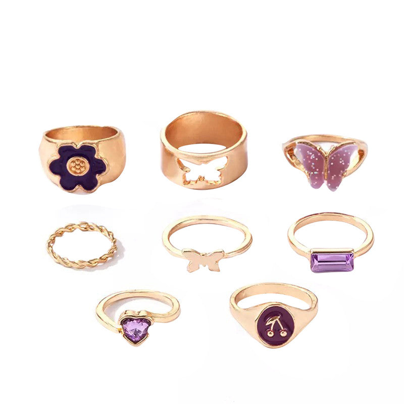 Set of 8 Gold Plated Purple Butterfly-Floral Finger Ring For Women