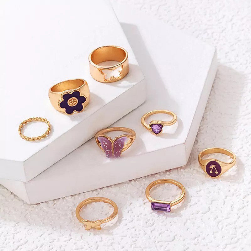 Set of 8 Gold Plated Purple Butterfly-Floral Finger Ring For Women