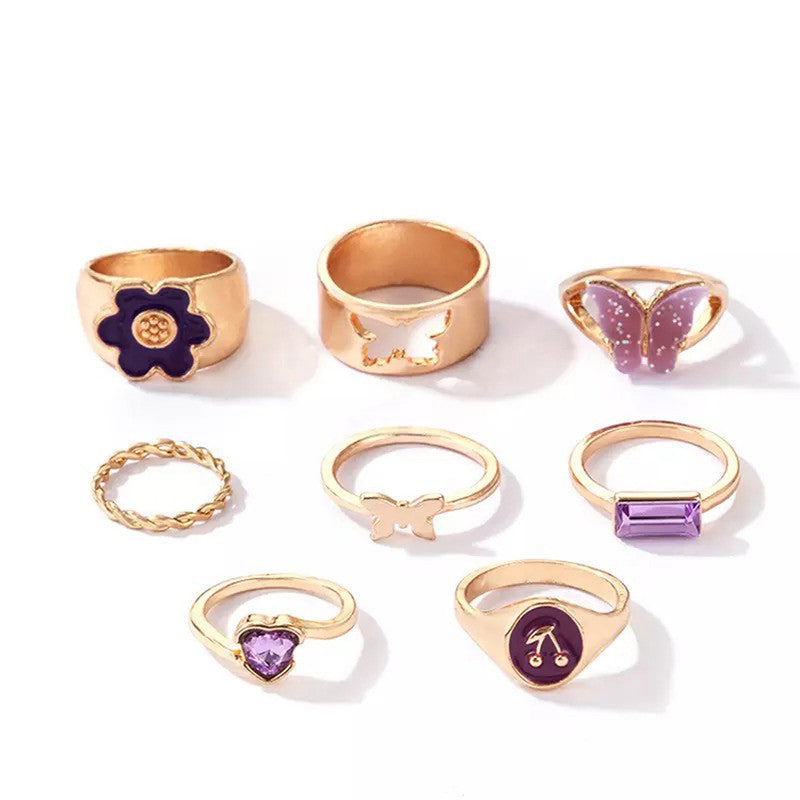 Set of 8 Gold Plated Purple Butterfly-Floral Finger Ring For Women