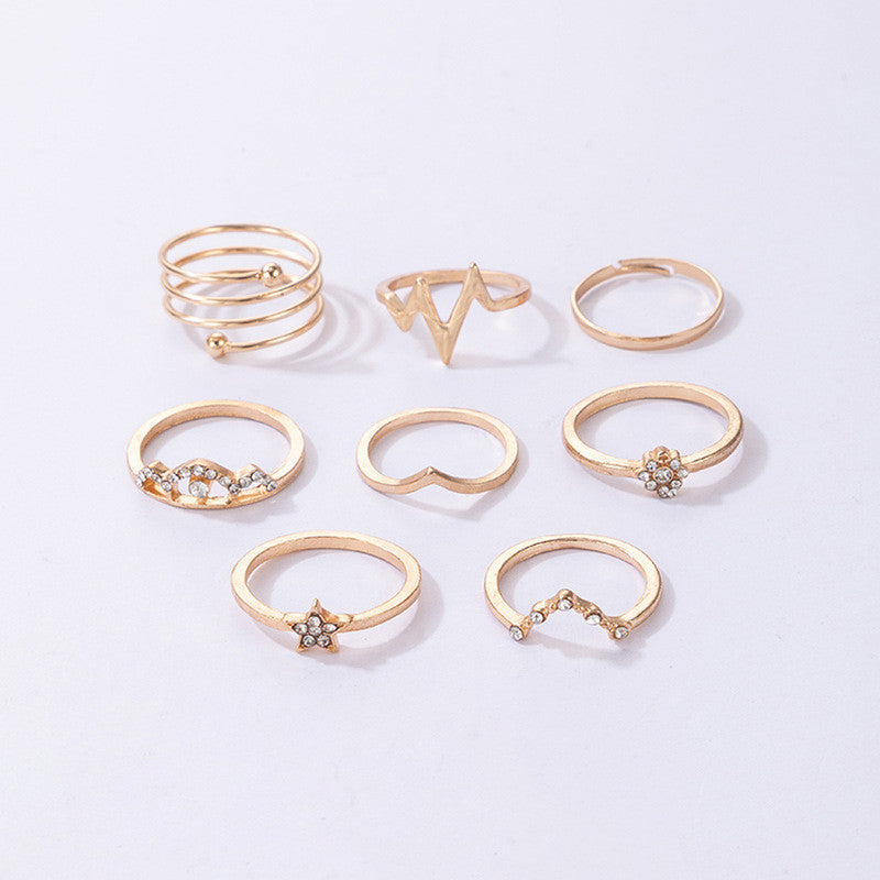 Gold Plated Set of 8 Heartbeat inspired Contemporary Stackable Rings Set For Women and Girls