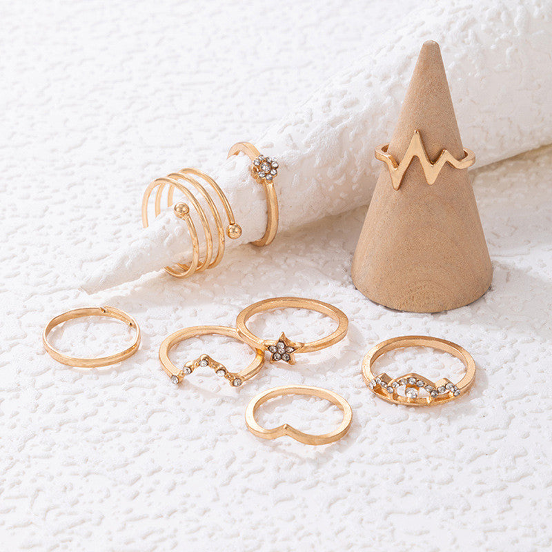 Gold Plated Set of 8 Heartbeat inspired Contemporary Stackable Rings Set For Women and Girls