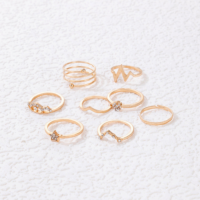 Gold Plated Set of 8 Heartbeat inspired Contemporary Stackable Rings Set For Women and Girls