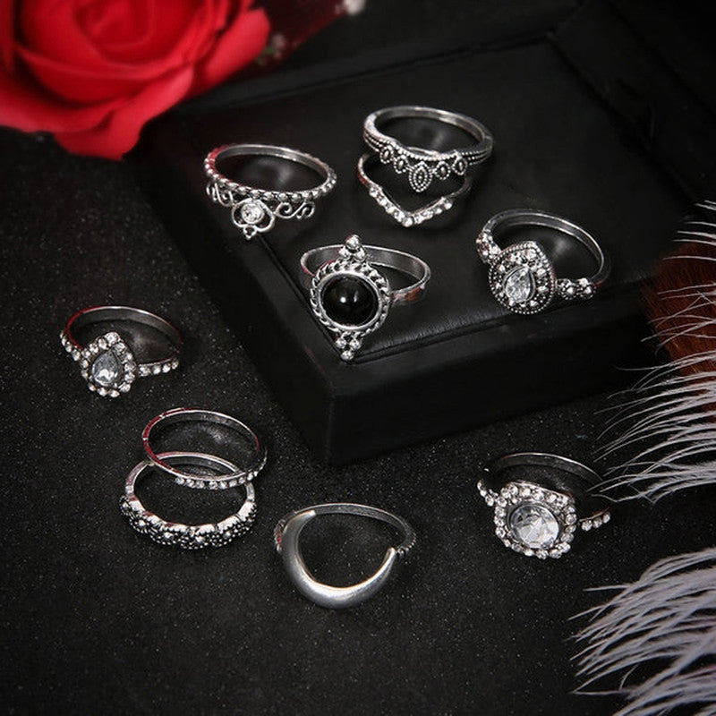 Silver Plated Set of 10 Stone studded Stackable Rings Set For Women and Girls