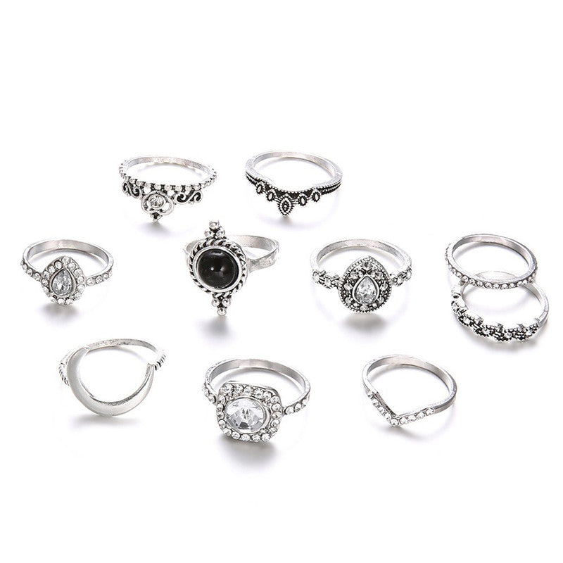 Silver Plated Set of 10 Stone studded Stackable Rings Set For Women and Girls