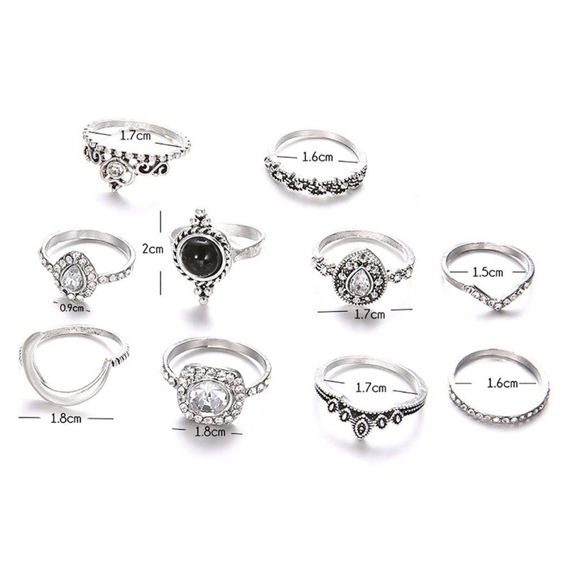 Silver Plated Set of 10 Stone studded Stackable Rings Set For Women and Girls