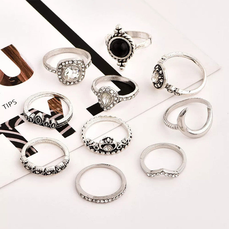 Silver Plated Set of 10 Stone studded Stackable Rings Set For Women and Girls