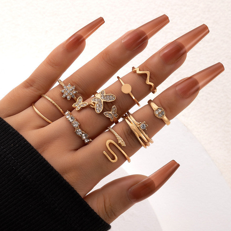 Gold Plated Snake inspired Contemporary Chain Rings Set of 9 For Women