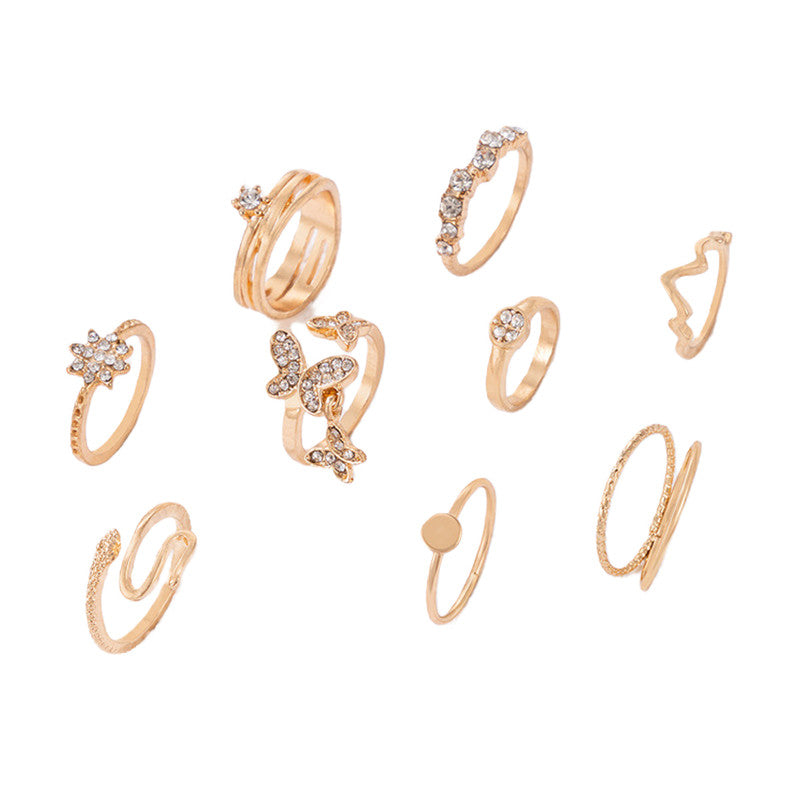 Gold Plated Snake inspired Contemporary Chain Rings Set of 9 For Women