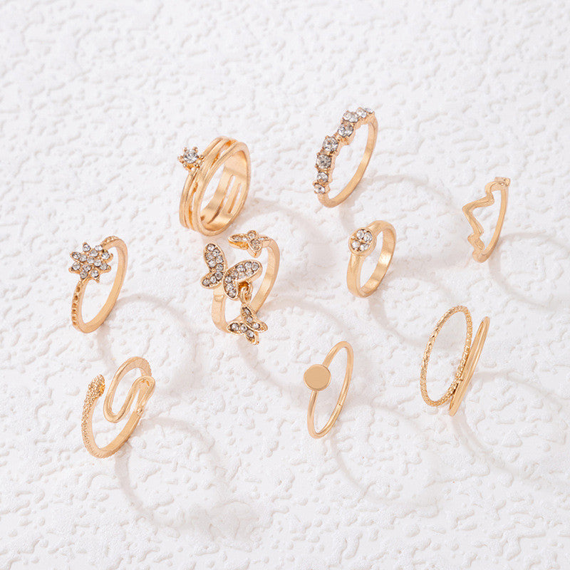 Gold Plated Snake inspired Contemporary Chain Rings Set of 9 For Women