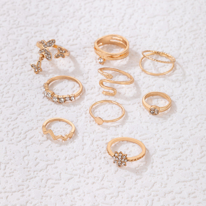 Gold Plated Snake inspired Contemporary Chain Rings Set of 9 For Women