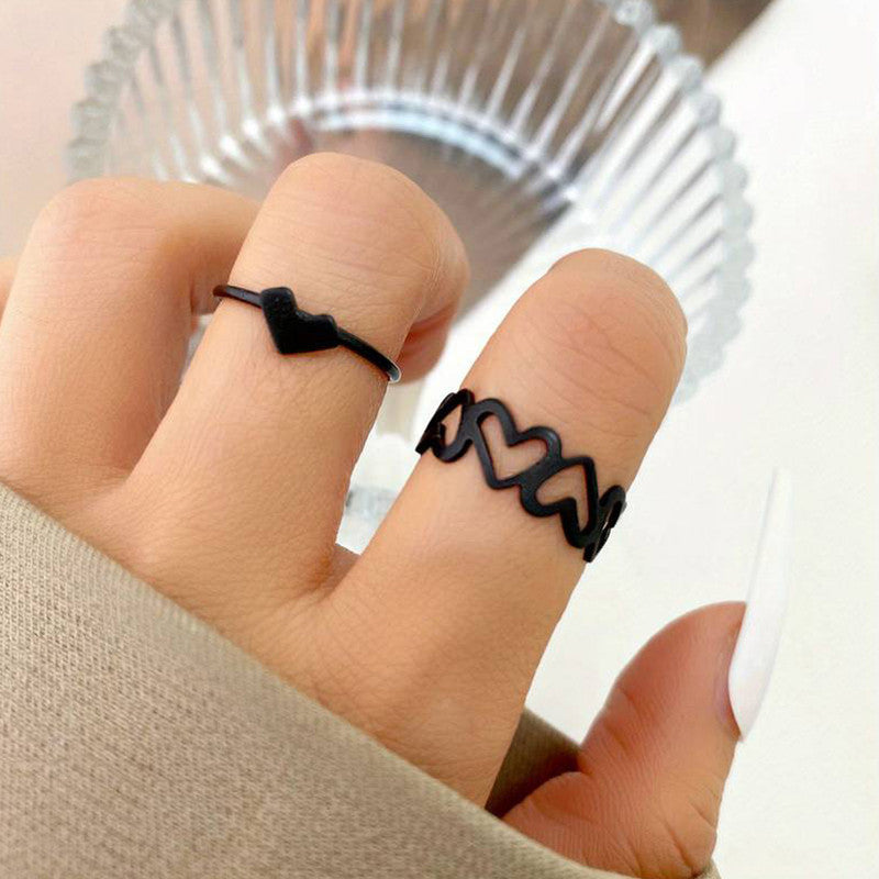 Black-Plated Heart-Themed Ring Pack of 2 For Women