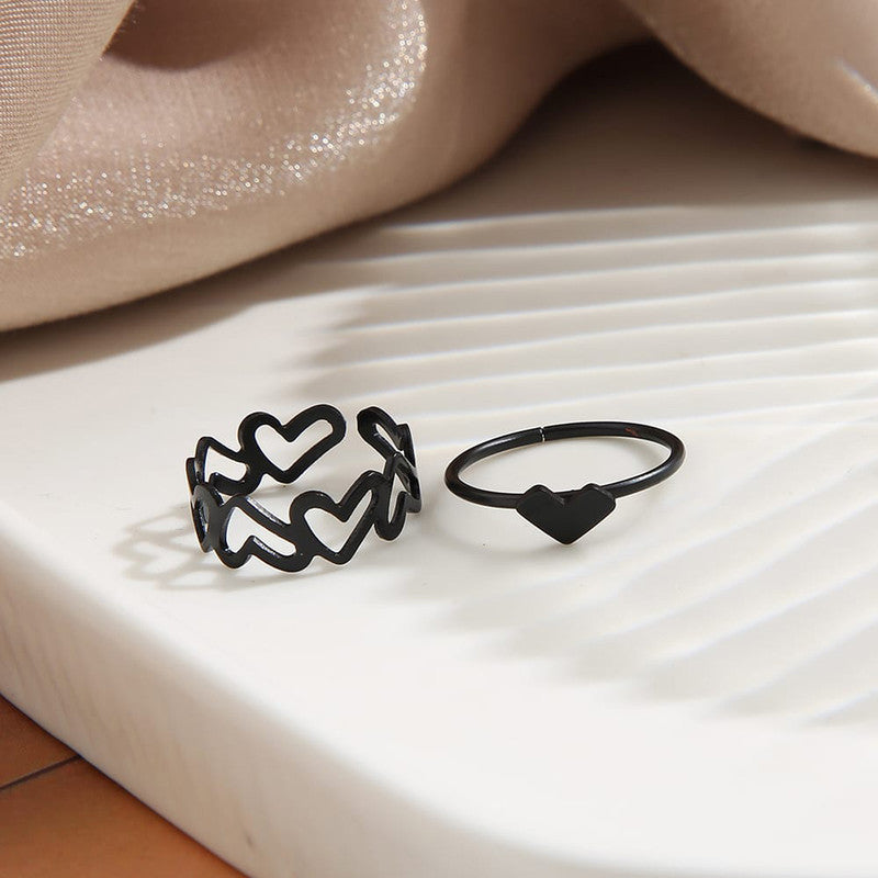 Black-Plated Heart-Themed Ring Pack of 2 For Women