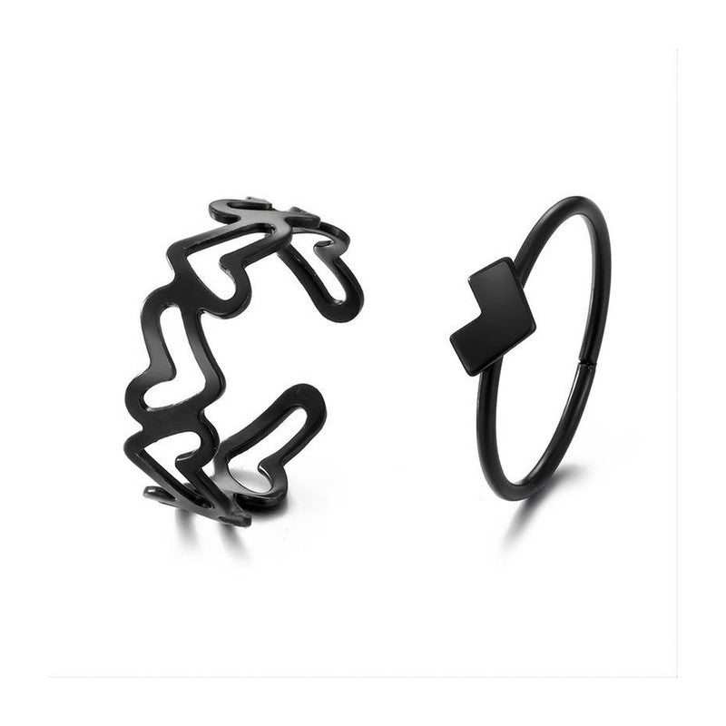 Black-Plated Heart-Themed Ring Pack of 2 For Women