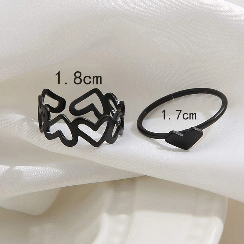 Black-Plated Heart-Themed Ring Pack of 2 For Women