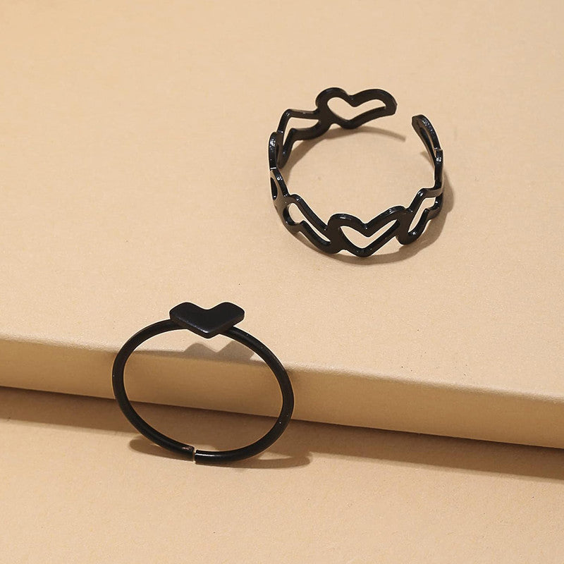 Black-Plated Heart-Themed Ring Pack of 2 For Women