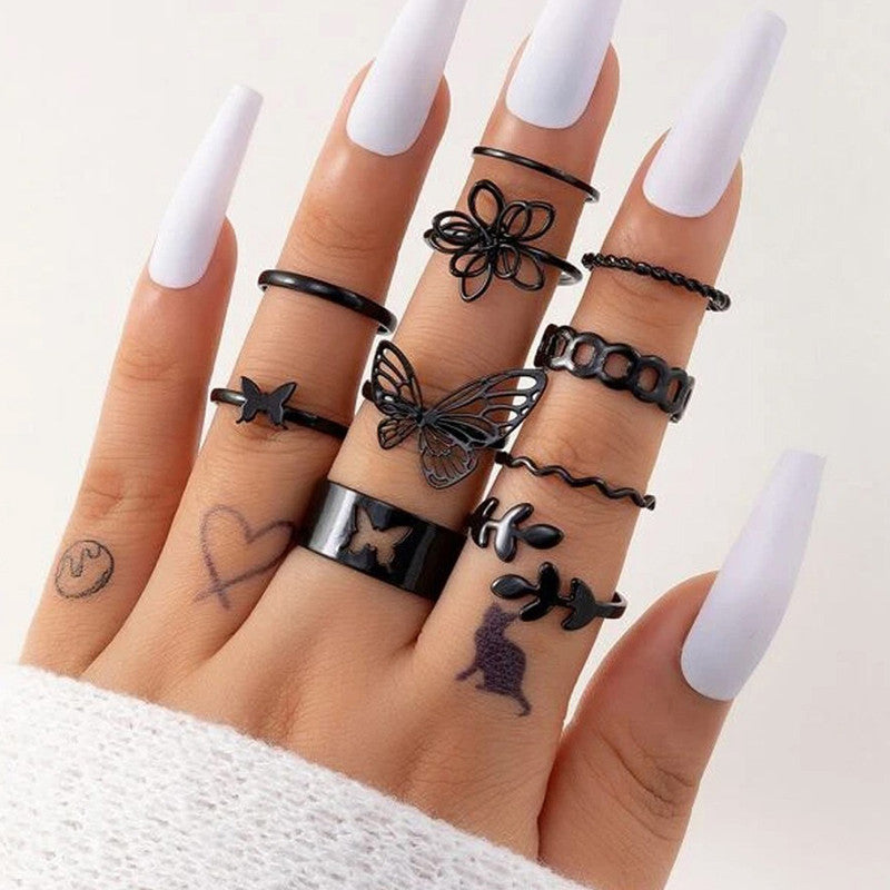 Black Silver Plated Stackable Rings (Pack of 10)