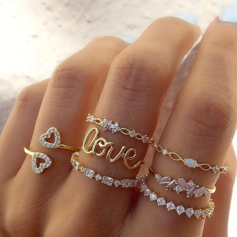 Gold Plated Stackable Rings Pack of 7 For Women