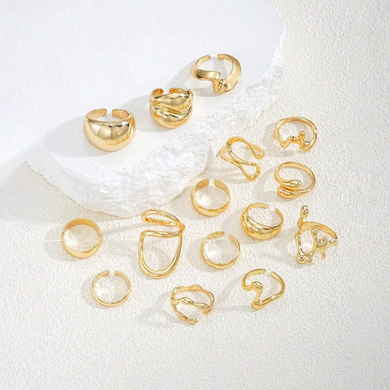 Trending Asymmetrical Gold Plated Set of 15 Stackable Finger Rings