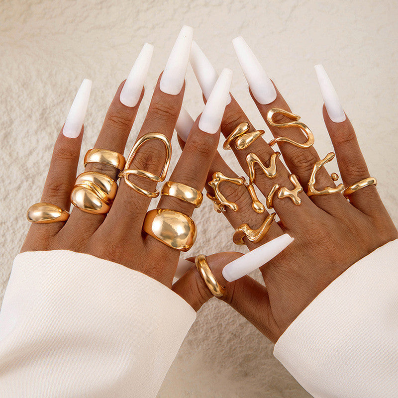 Trending Asymmetrical Gold Plated Set of 15 Stackable Finger Rings