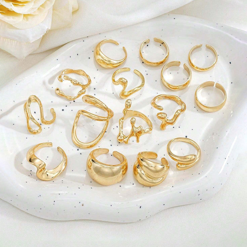 Trending Asymmetrical Gold Plated Set of 15 Stackable Finger Rings