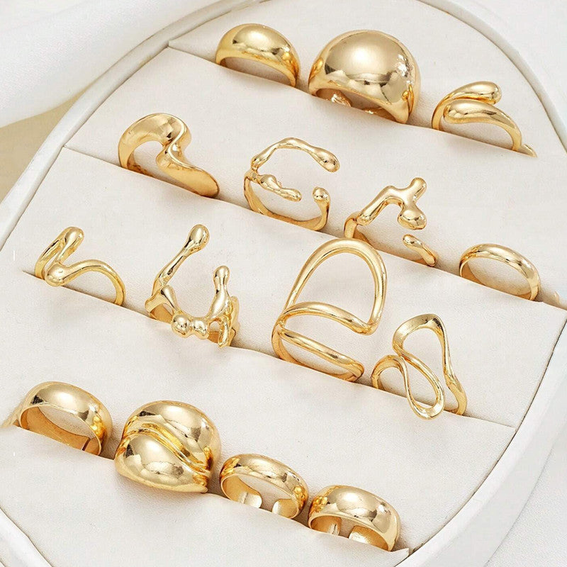 Trending Asymmetrical Gold Plated Set of 15 Stackable Finger Rings